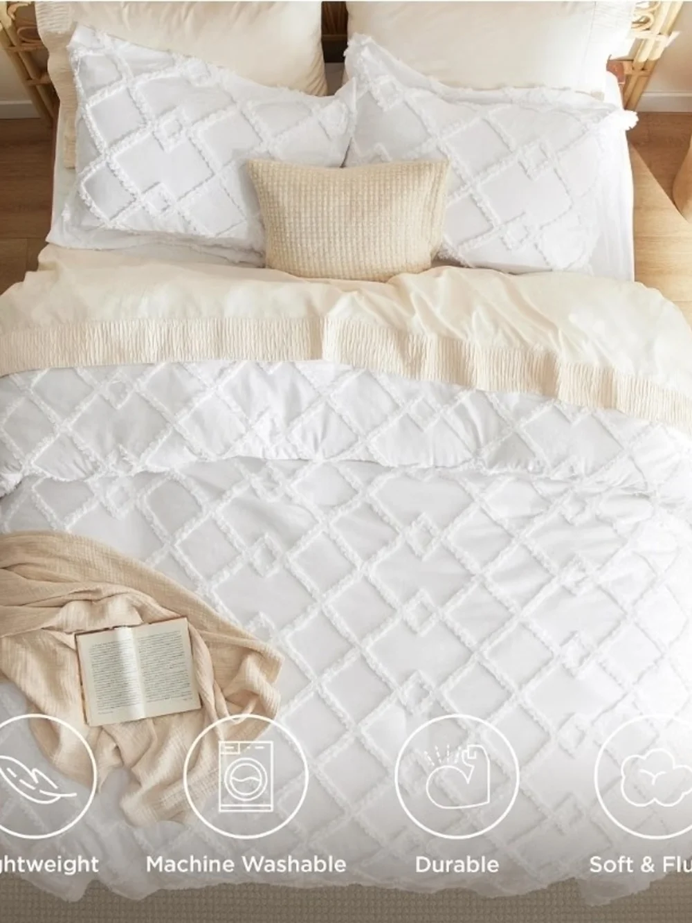 Bedsure Boho Comforter Set Queen - White Tufted Queen Size Comforter, 3 Pieces F